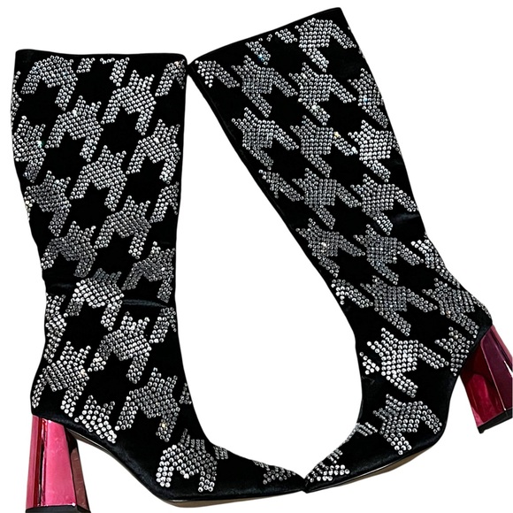 Betsey Johnson Naomy Rhinestone Houndstooth pink block heelTall Boots 6 NWOT - Picture 7 of 16